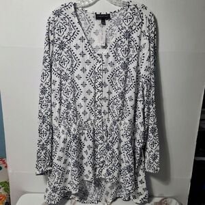 Lane Bryant Tunic Top 26 White/Navy Geometric Button-Up V-Neck Long Sleeve NWT